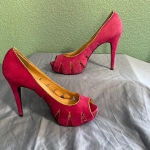 Michael Kors suede pink with gold trim peep toe high heels